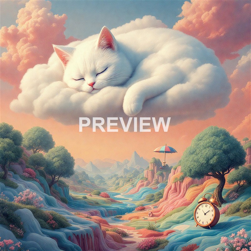 A large, fluffy white cat peacefully sleeping on a soft cloud in a surreal, colorful landscape with rolling hills, trees, and a clock, under a sky with pink and orange clouds.